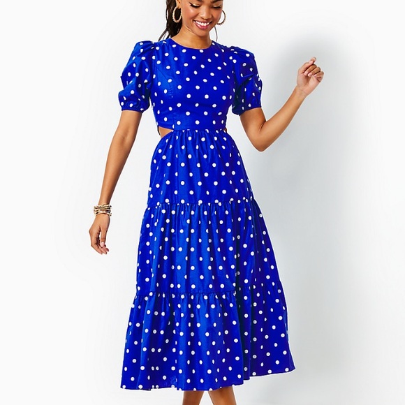 Lilly Pulitzer Blue Polka Dot Midi Dress NWT - Picture 1 of 6